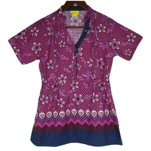 WonderWink Floral Scrub Top Womens‎ Sz XS Purple Blue Cinched Sides Short Sleeve